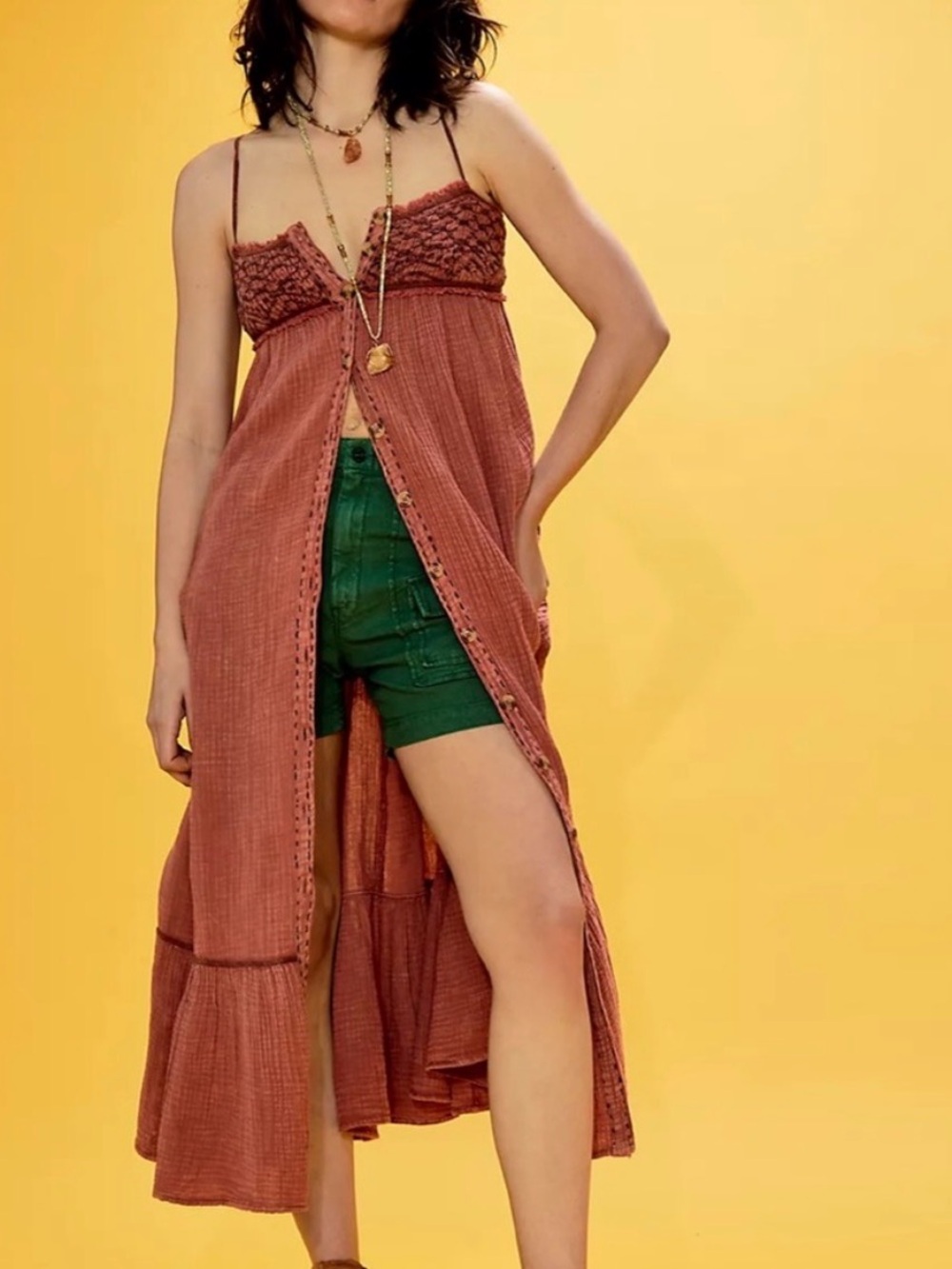 Free People Linda Jo Midi Dress Gauze Embroidered Button Front Rust L - Picture 3 of 15